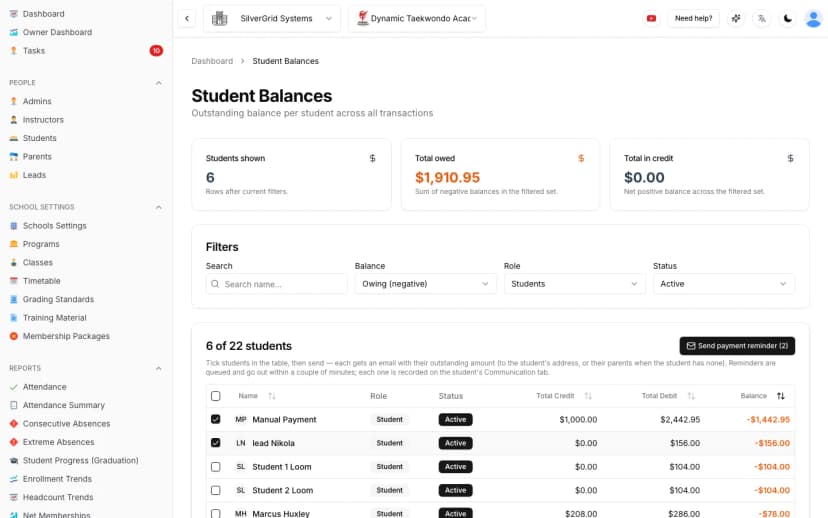Student Balances report with Send payment reminder button