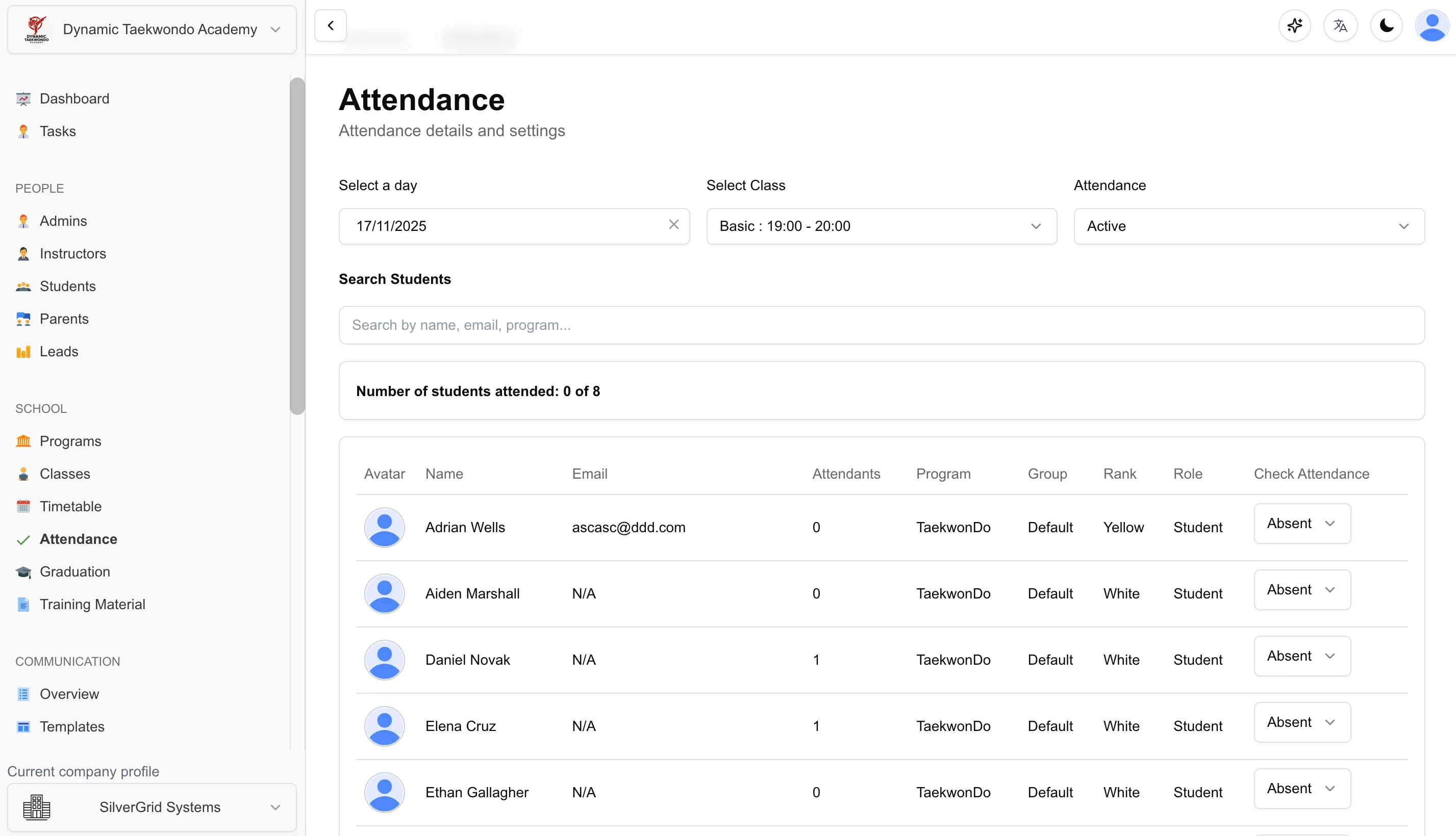Kickboxing gym management software showing class attendance and check-in for a sparring class
