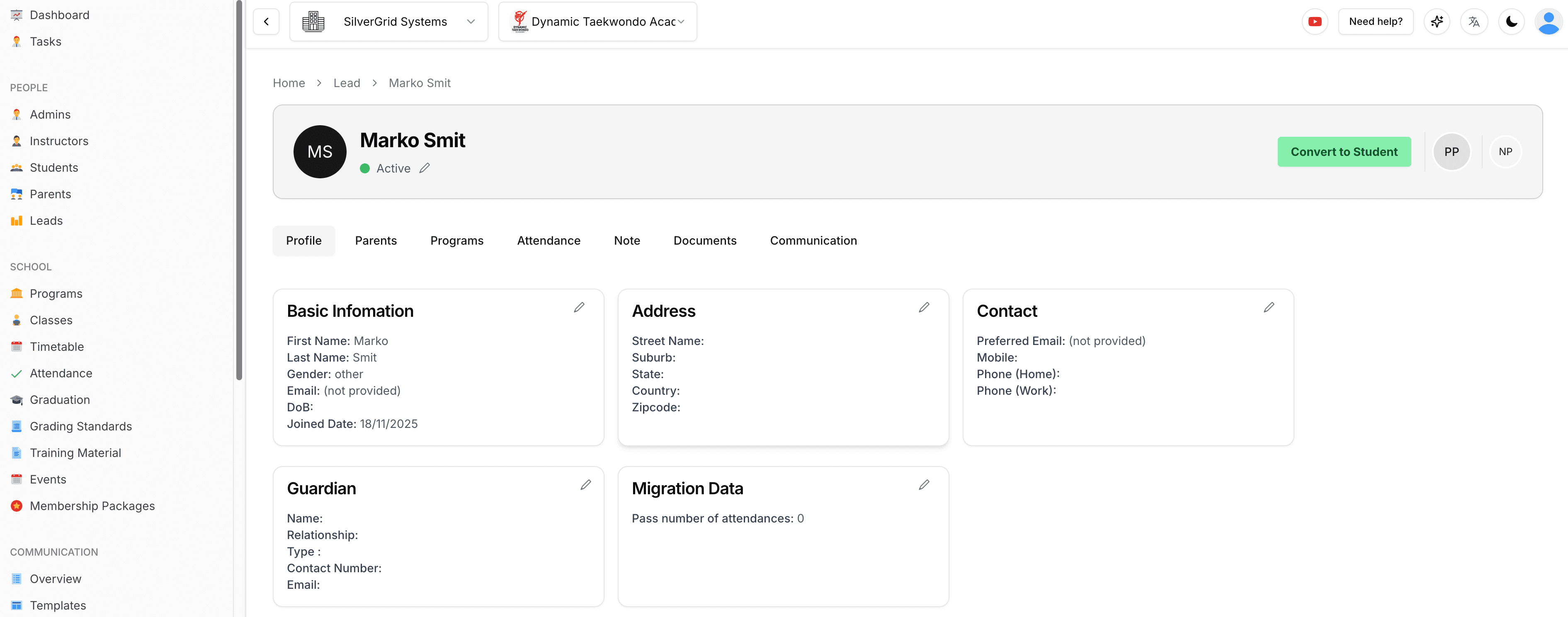 Lead Profile Interface showing 'Convert to Student' button and communication history for Marko Smit