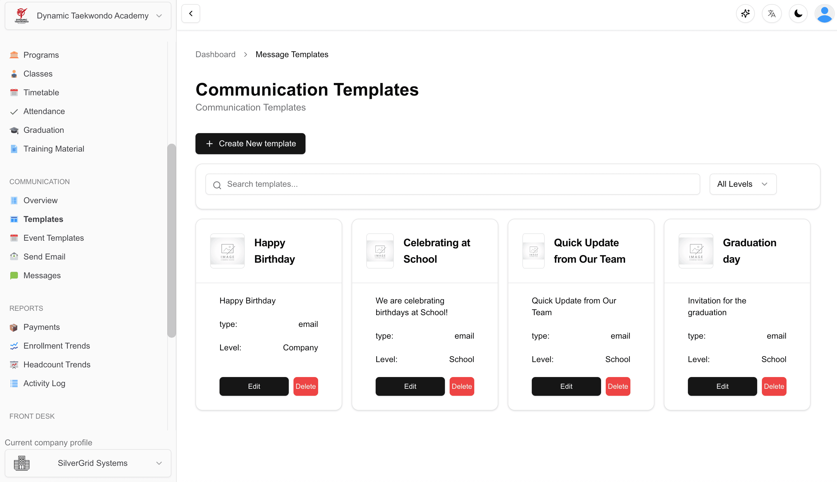 Email communication system showing customizable templates, event-driven messaging, and bulk email management for martial arts school communications