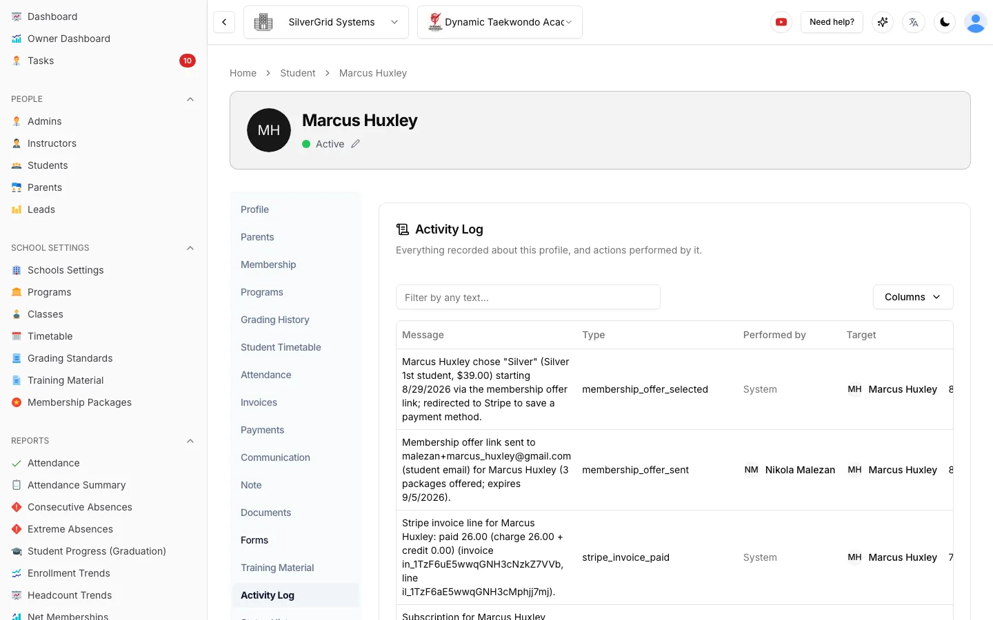 Student profile Activity Log tab showing a timeline of events such as membership offer chosen, membership offer email sent and Stripe invoice paid, with Type, Performed by and Target columns