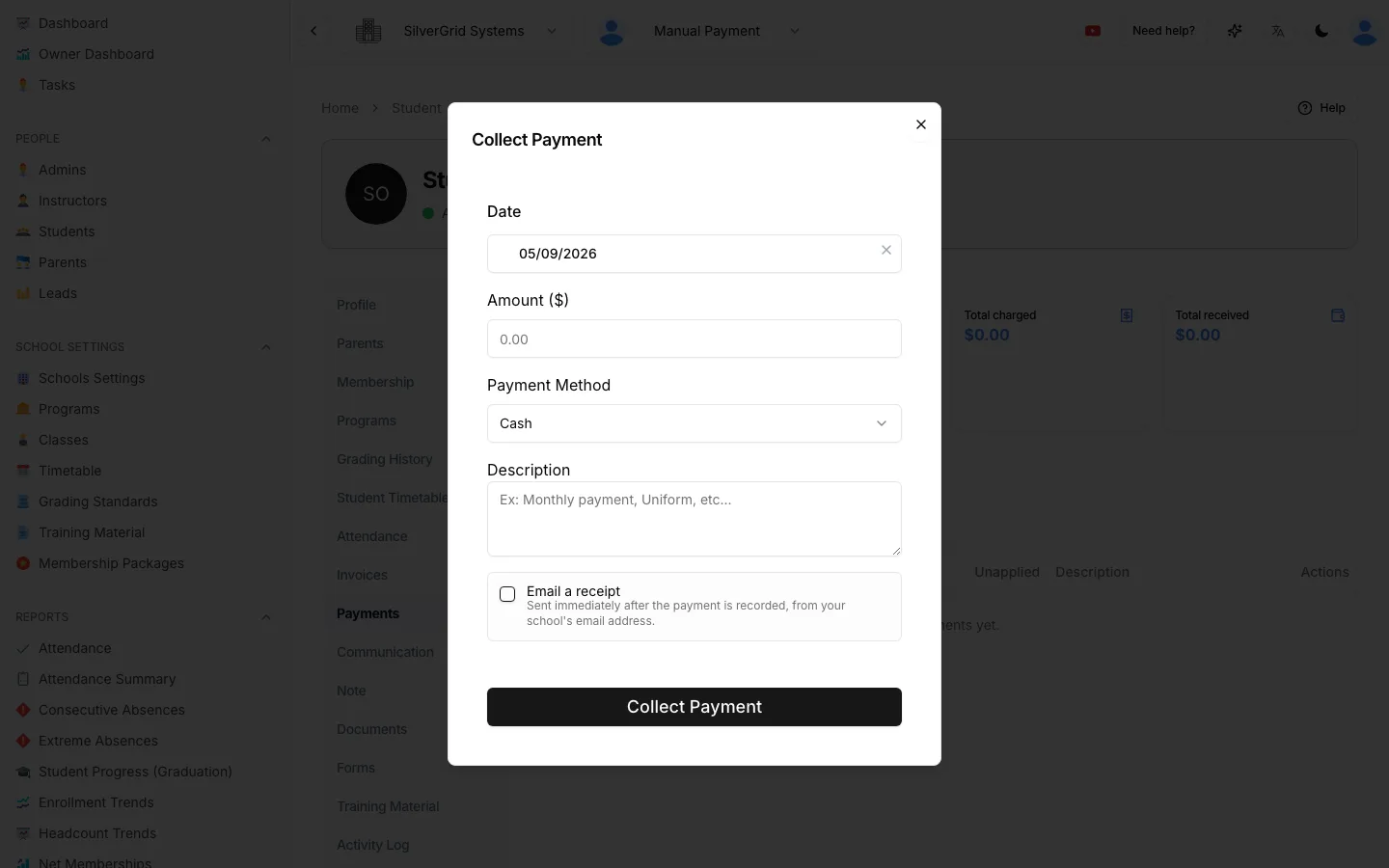 Collect Payment dialog with date, amount, payment method, description and an Email a receipt checkbox