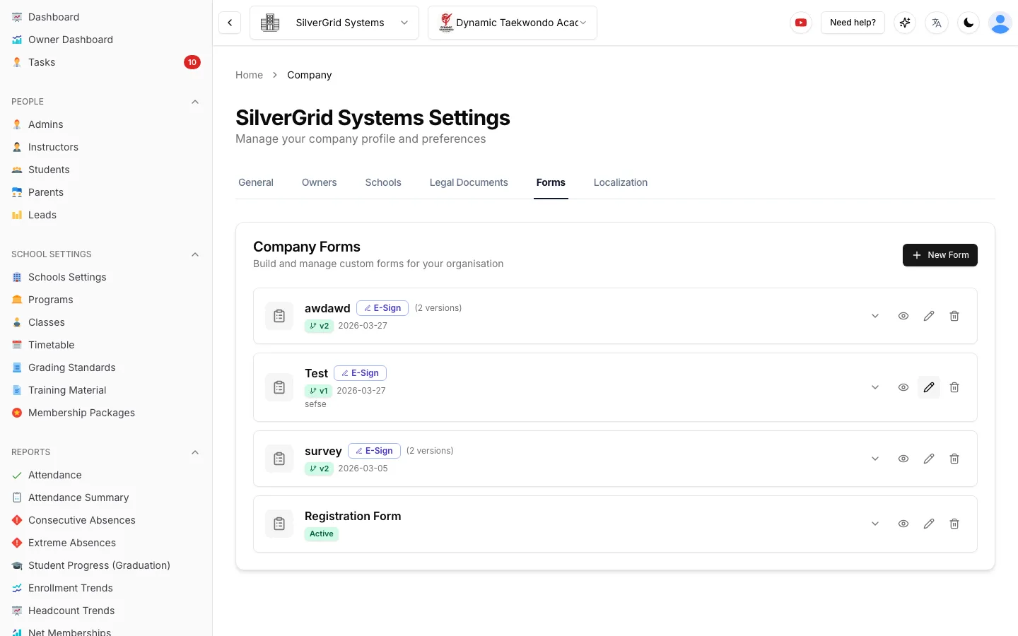 Company Forms page listing custom forms with e-sign badges, version numbers, submission counts and a New Form button