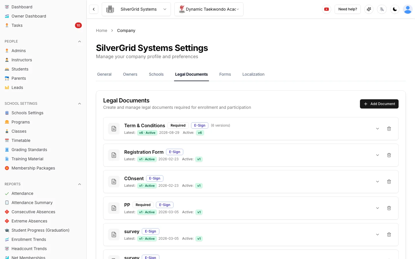 Legal Documents settings page listing Terms and Conditions, Registration Form, Consent and Privacy Policy with required flags, e-sign badges, version numbers and active status