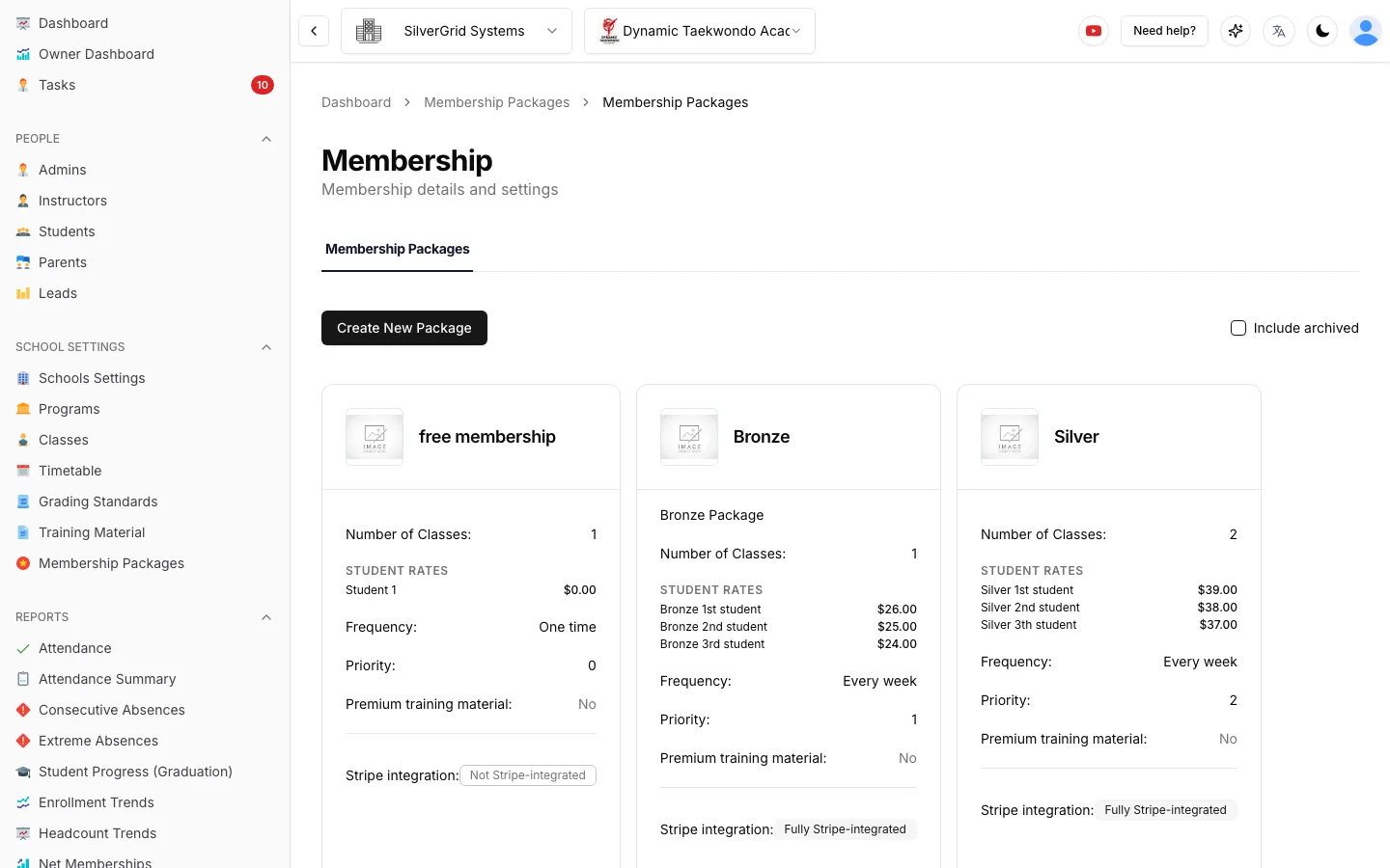 Membership packages page showing three packages with number of classes, student rates, frequency, priority and Stripe integration status