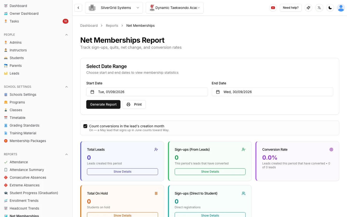 Net Memberships report showing total leads, sign-ups from leads, conversion rate, students on hold and direct sign-ups for a selected date range, with Show Details drill-down
