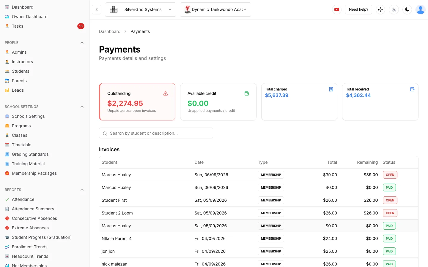 Payments report showing outstanding, available credit, total charged and total received cards above an invoice list with paid and open statuses