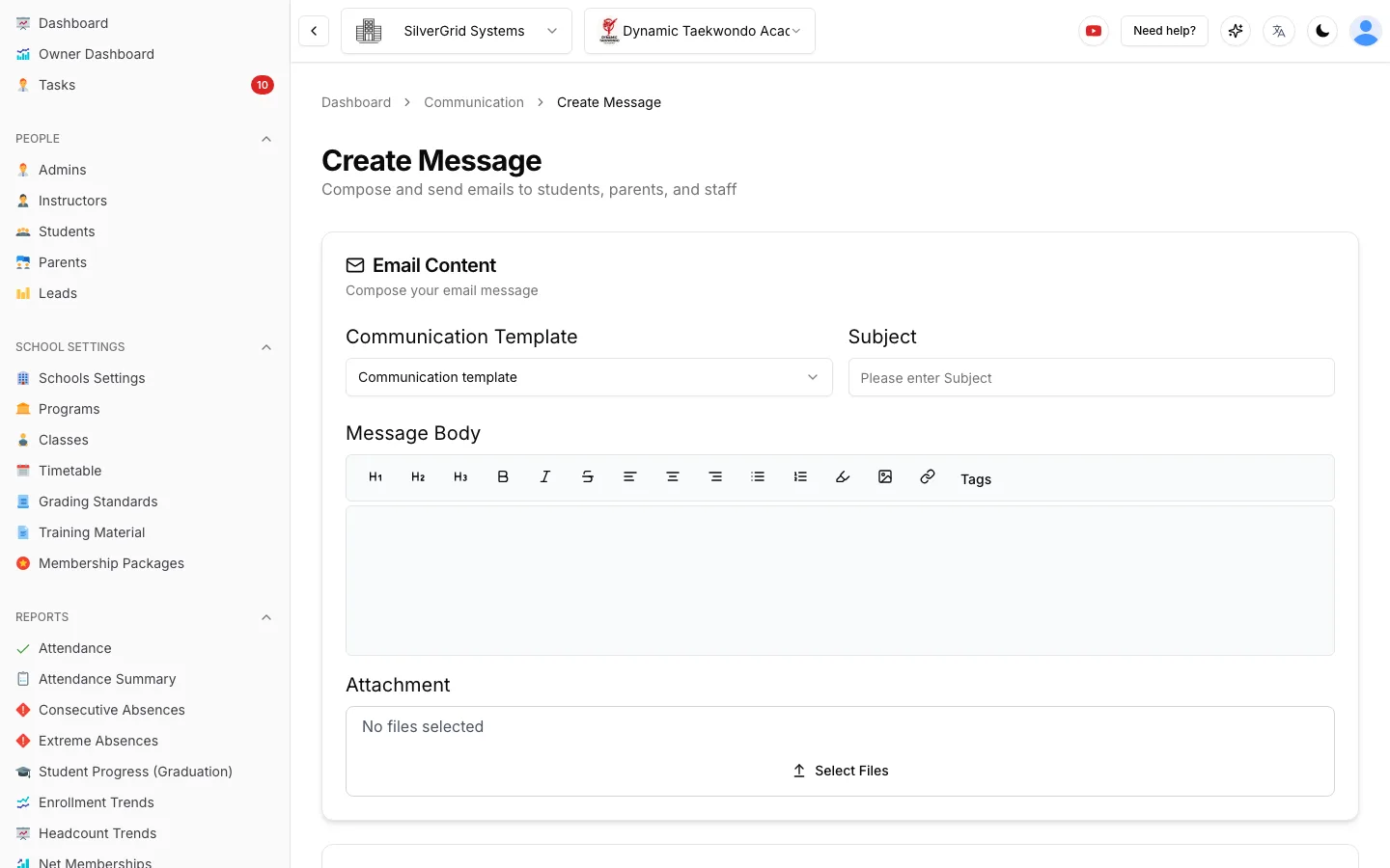 Create Message screen with a communication template picker, subject line, rich-text editor with a Tags placeholder button, and file attachments