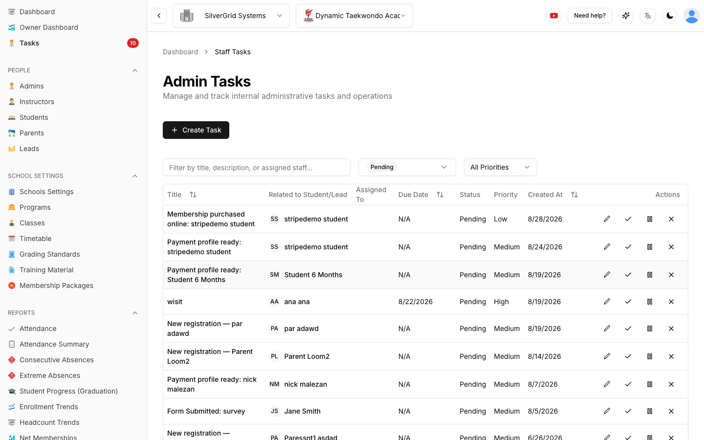 Admin Tasks list with automatically created tasks such as Form Submitted and New registration, each with priority, due date and assignee