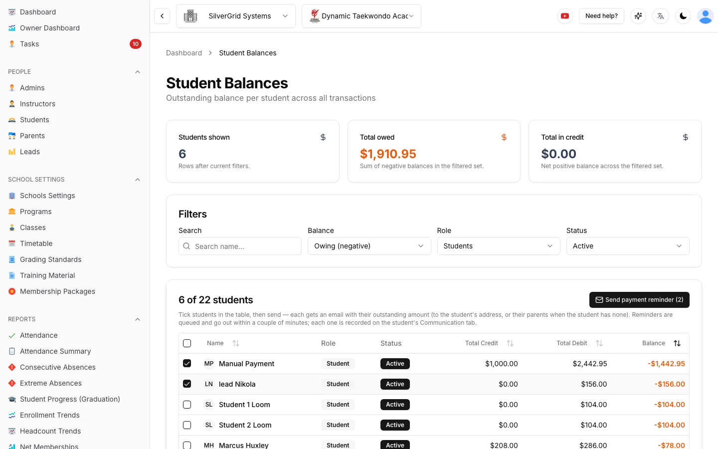 Student Balances report listing students who owe money, total owed and total credit, with two students ticked and a Send payment reminder button