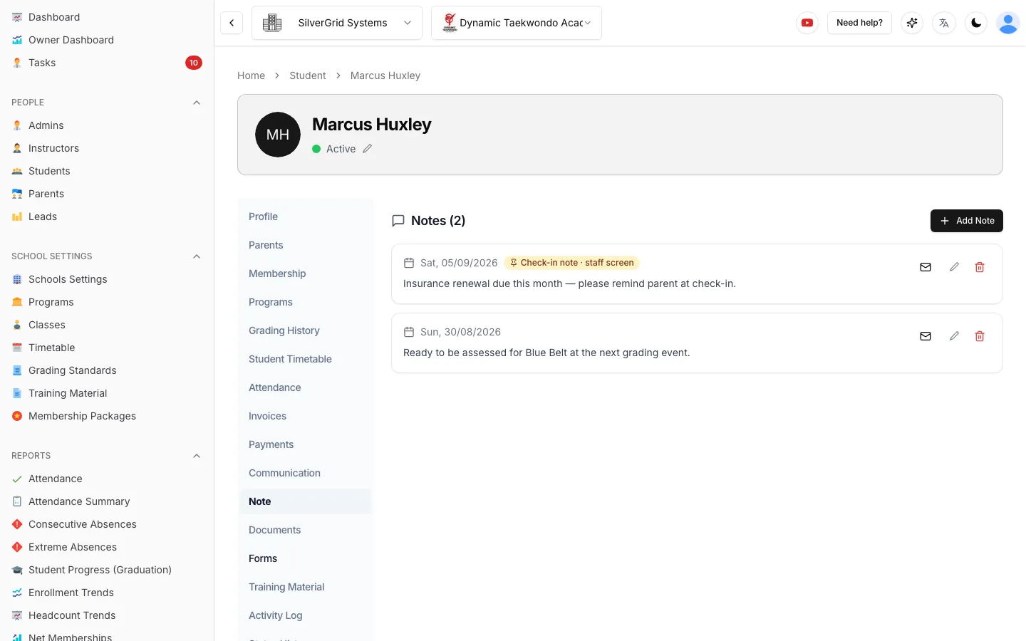 Member notes and tags used to separate competition team from fitness kickboxing members