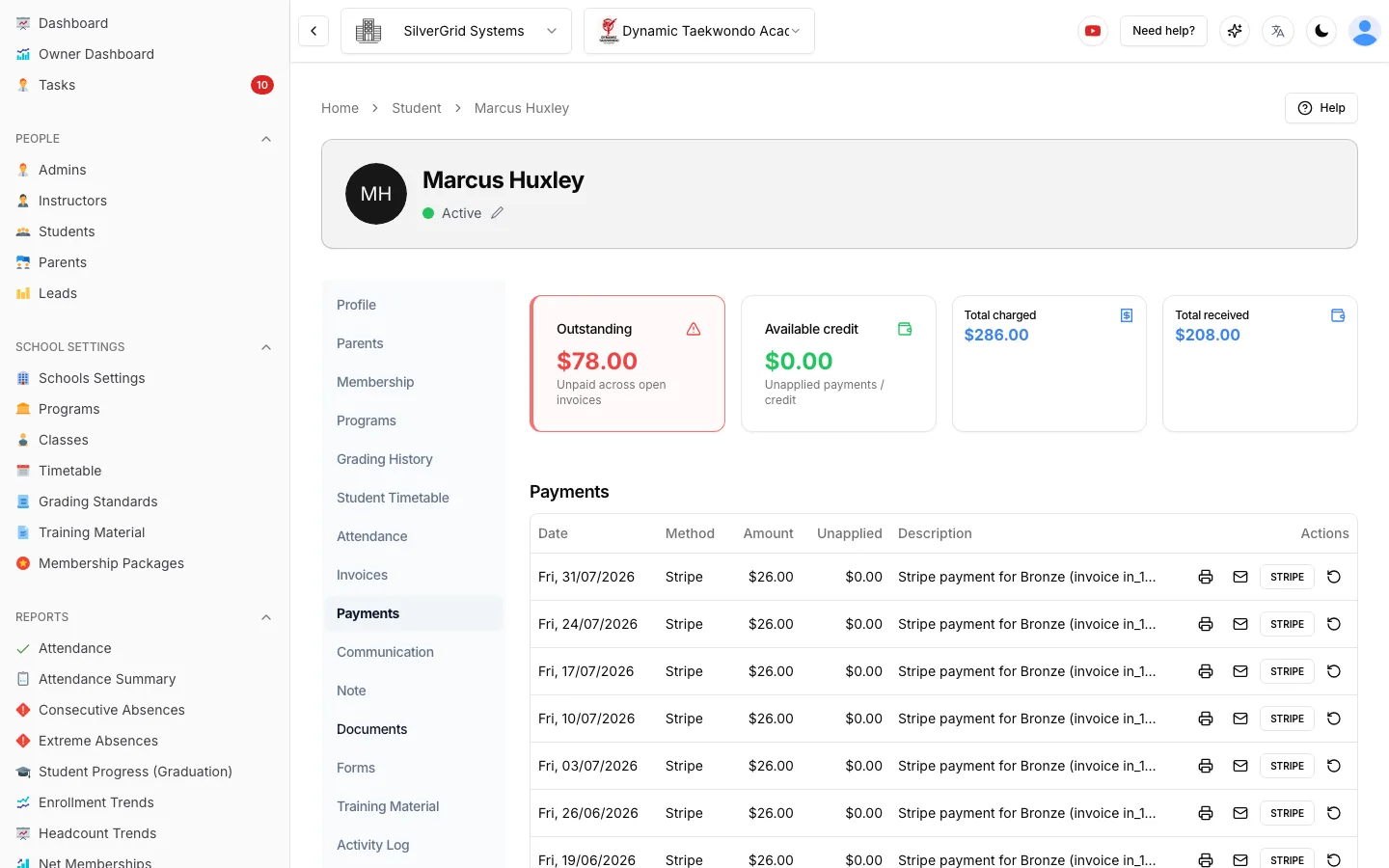 Student profile Payments tab showing outstanding amount, available credit, total charged and total received, above a list of Stripe payments with receipt actions