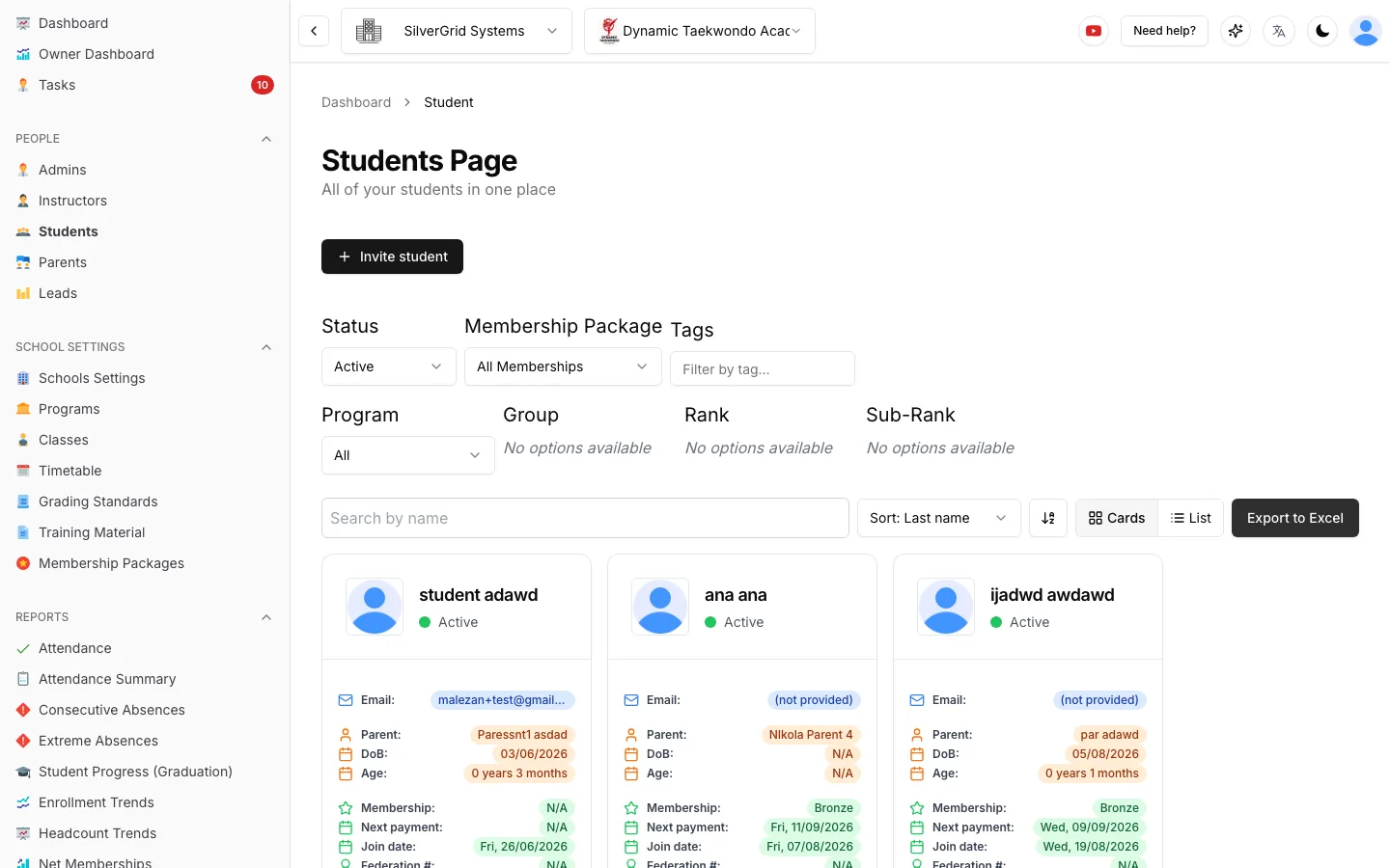 Students page in card view with status, membership package, tag, program, group and rank filters, Invite student and Export to Excel buttons, and parent, membership and next payment shown on each card