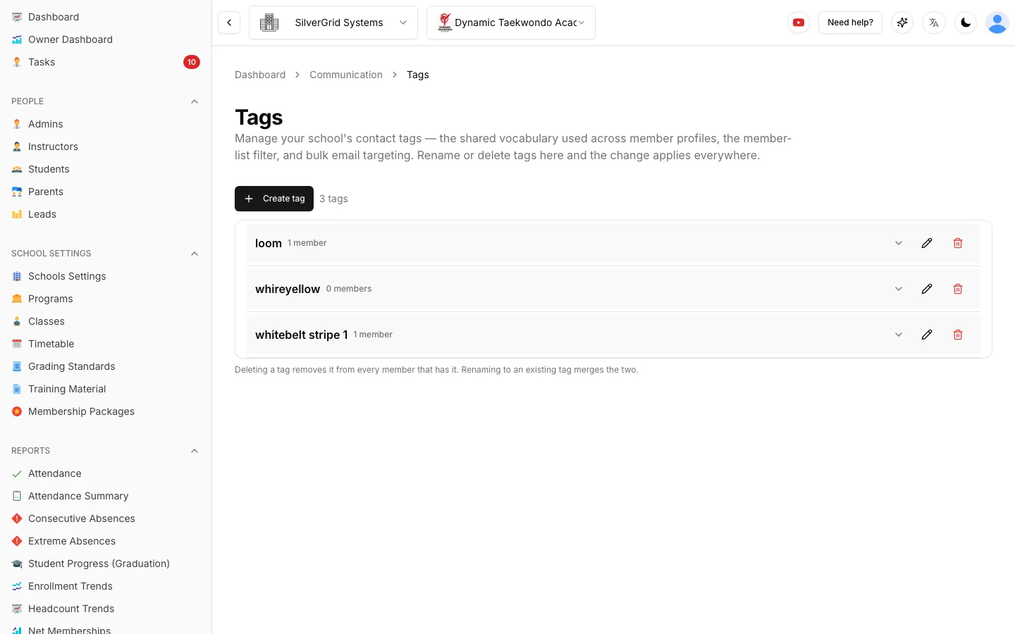 Communication Tags page listing school-wide member tags such as loom, whiteyellow and whitebelt stripe 1 with the number of members carrying each tag
