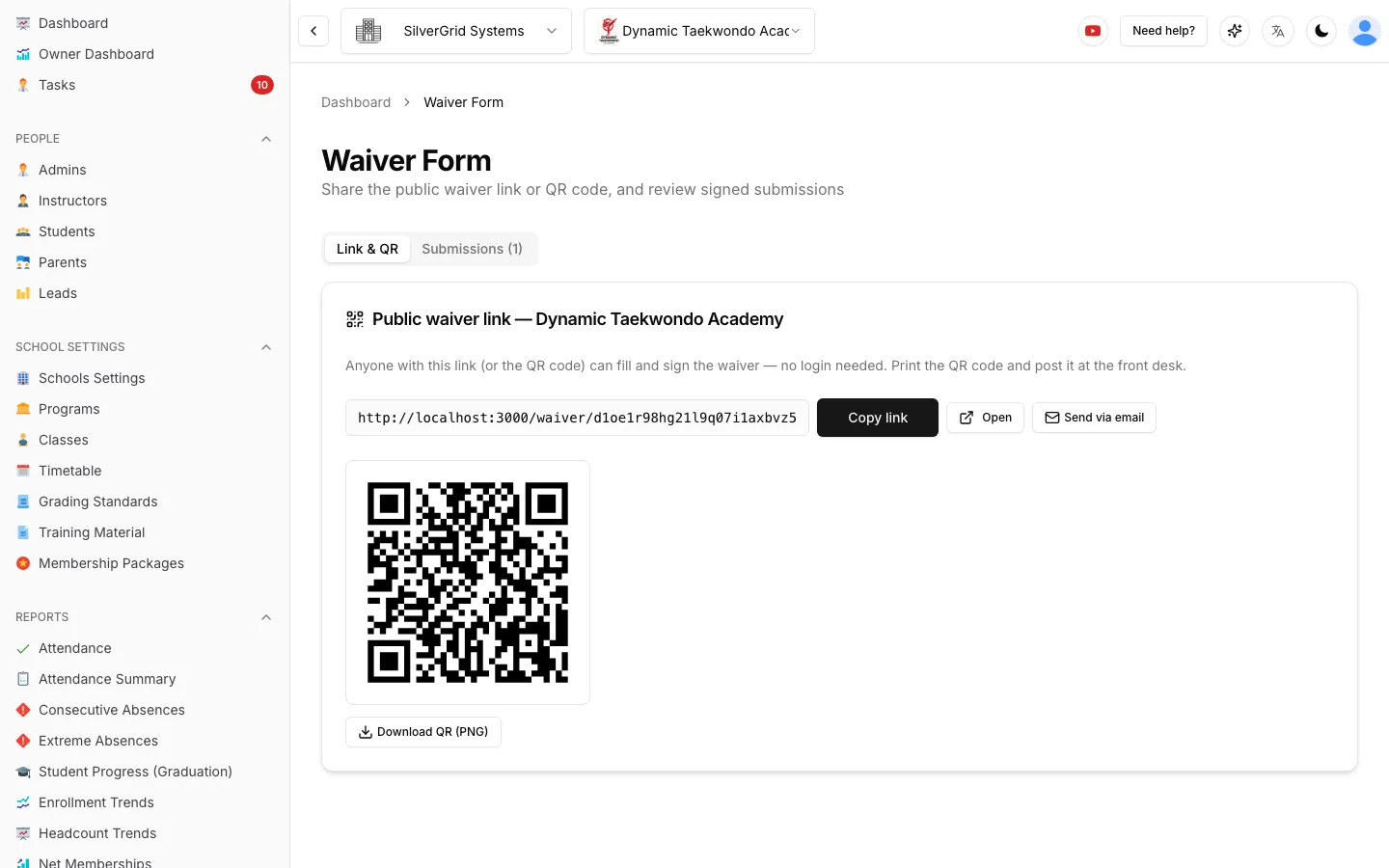 Waiver Form page showing the public waiver link for a school, Copy link, Open and Send via email buttons, and a downloadable QR code
