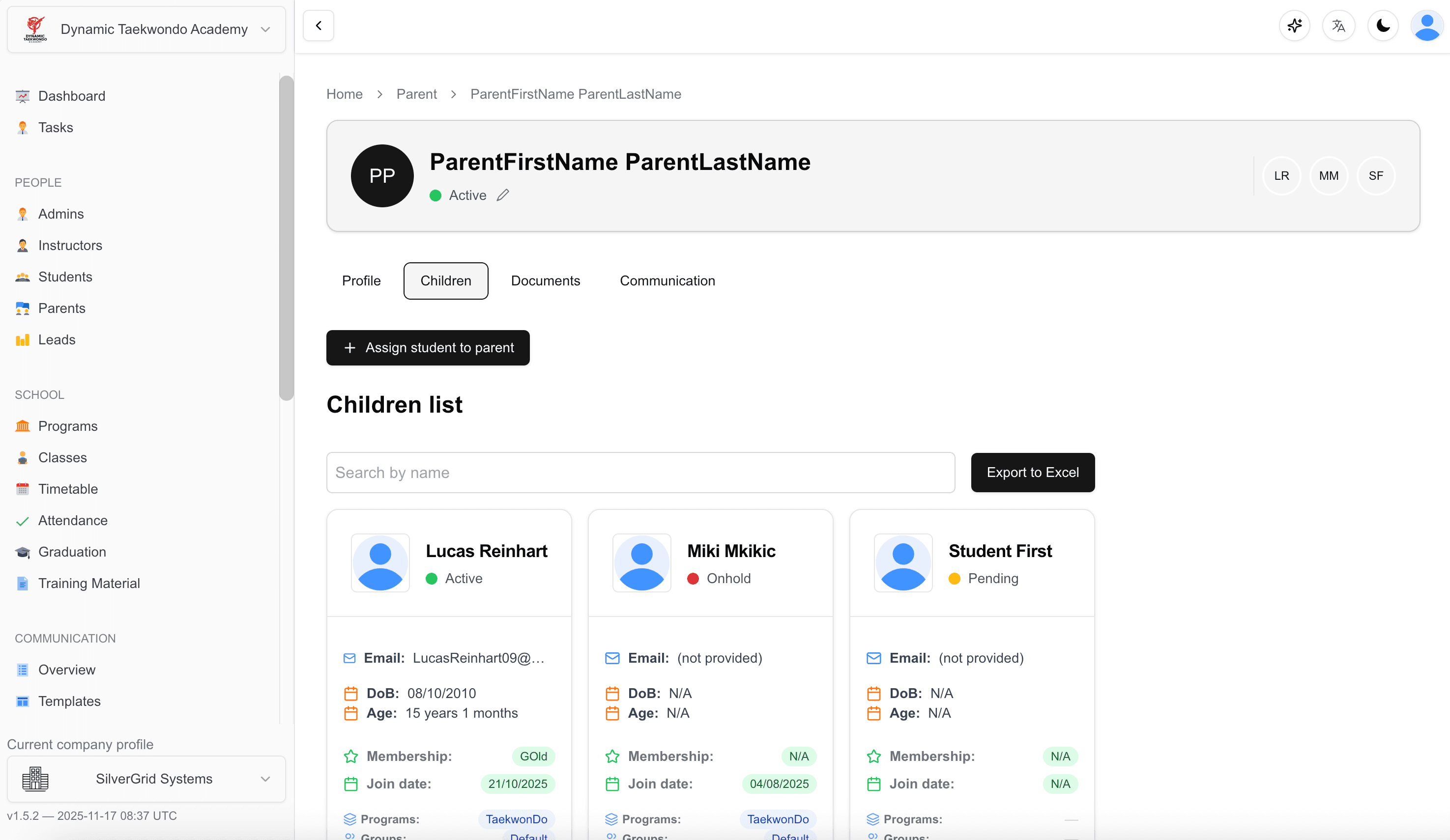 Parent portal interface displaying student profiles, attendance records, progress reports, and family management features for martial arts school parents