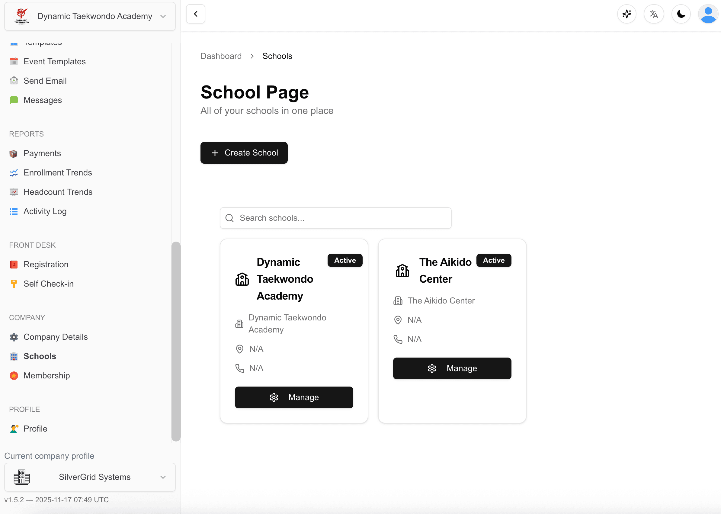 Multi-organization dashboard showing list of martial arts schools and locations with operational metrics and management controls